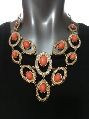 Etc Necklace Cleopatra Style Apricot Cabochons Stamped Gold Tone & Rhinestone